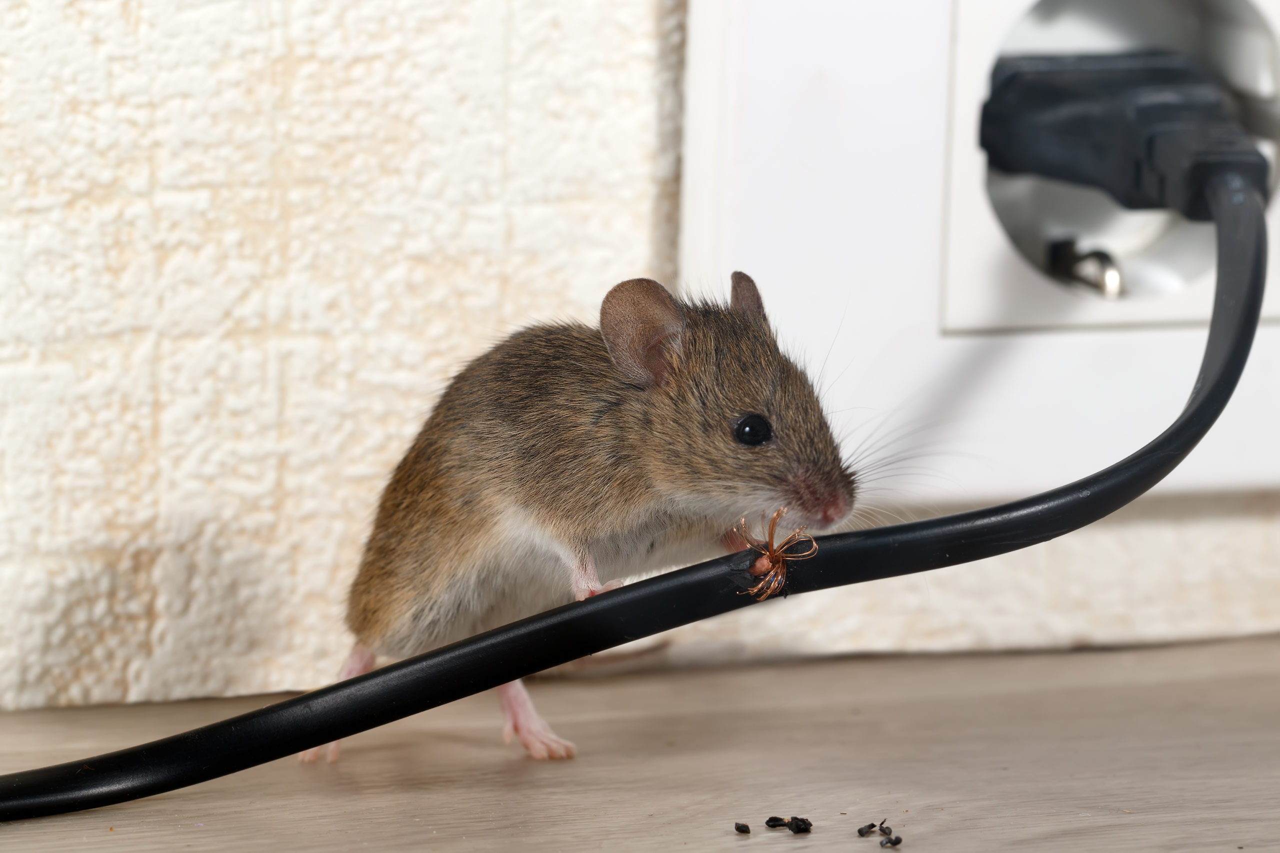 Mouse chewing electrical cord in house